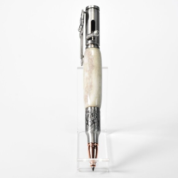 Hand Made Deer Hunter Bolt Action Pen in Antique Pewter with Deer Antler Body - Picture 3 of 11